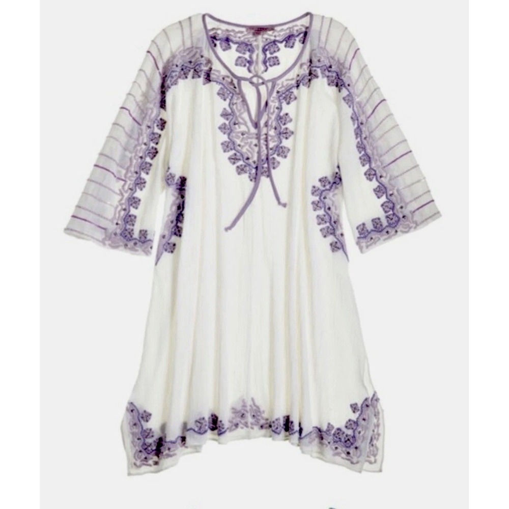 Calypso St Barth Whiteā Purple Embroidered Beaded Cotton Gauze Tunic Top XS Boho